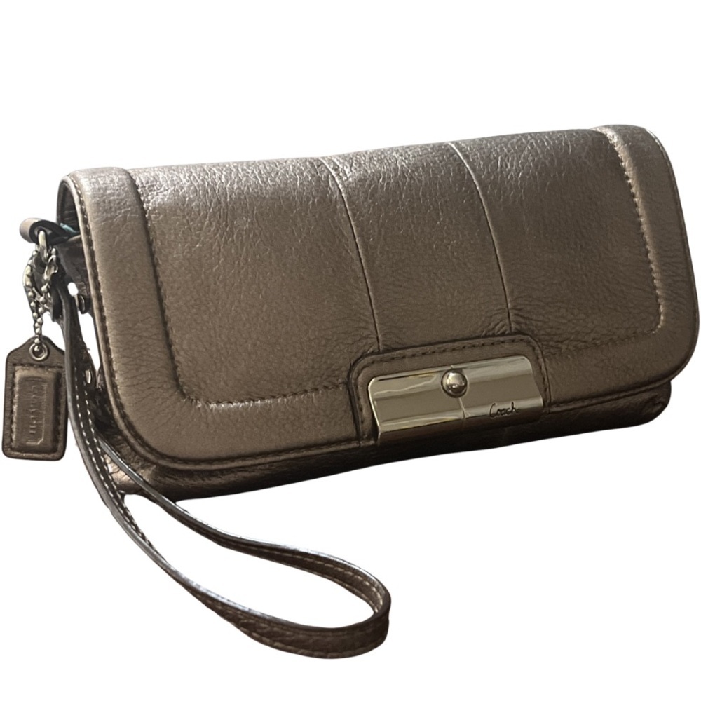 Coach Kristin Metallic Pewter Soft Pebble Leather Wallet, Wristlet Purse